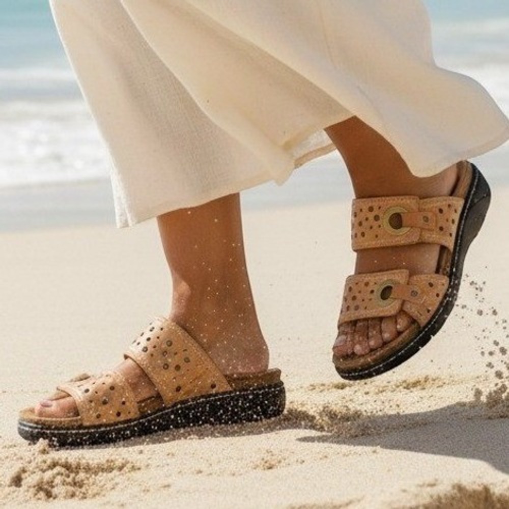 Clarks Bendables Tan Leather Perforated Wedge Slide Sandals Women's 10M 65732